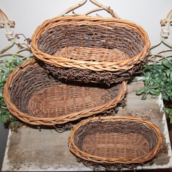 NEW Set of 3 Large Rustic French Country Farmhouse Willow Wicker Nesting Baskets - Picture 9 of 12
